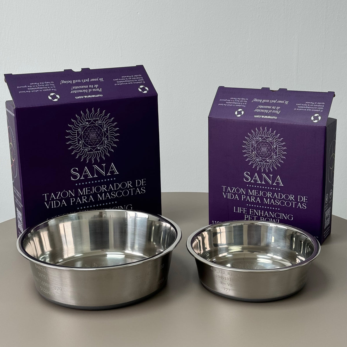 Stainless steel pet bowl engraved with Grabovoi Numbers and sacred geometry for enhancing pet health, mood, and energy vibration.