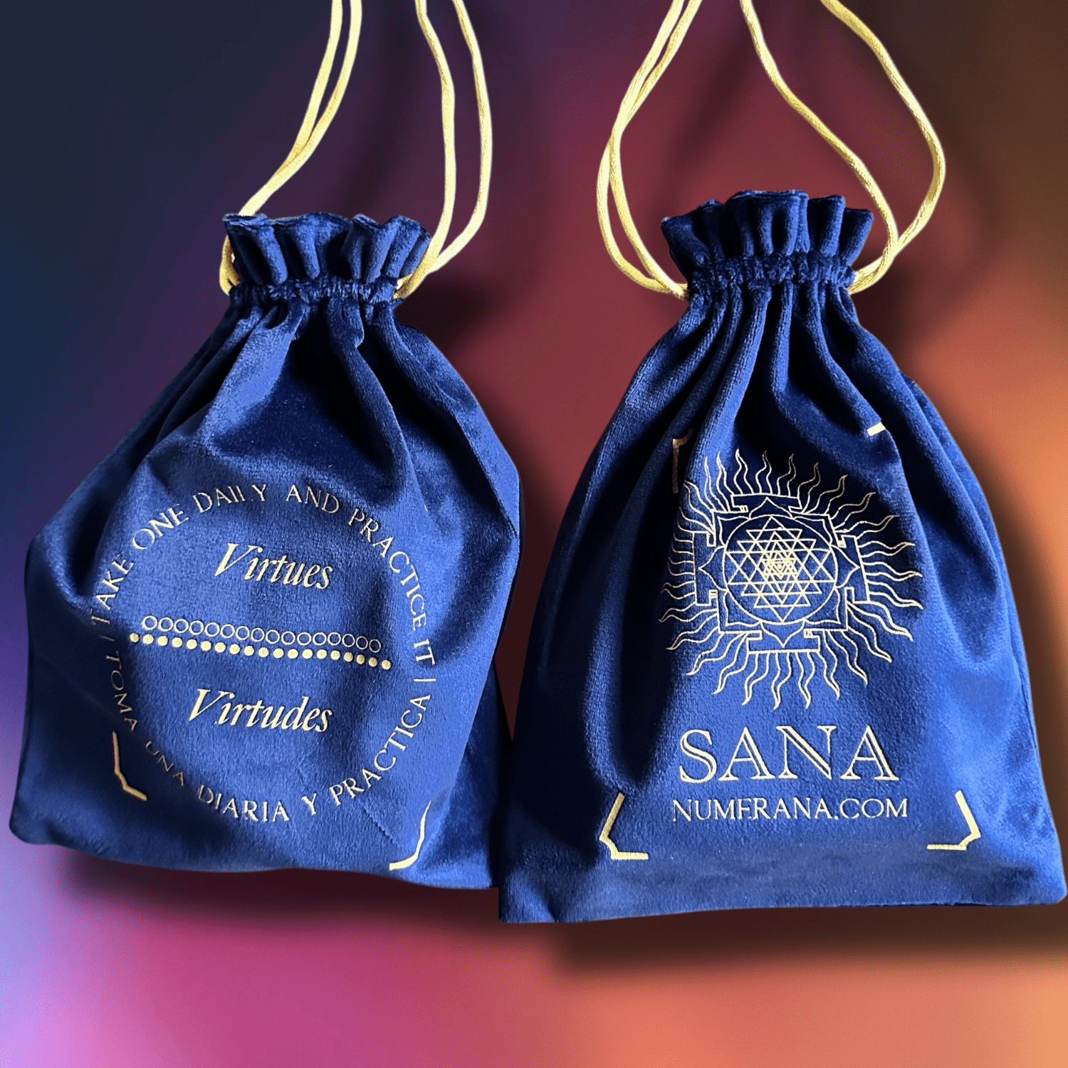 Two blue drawstring bags with text and branding on a gradient background