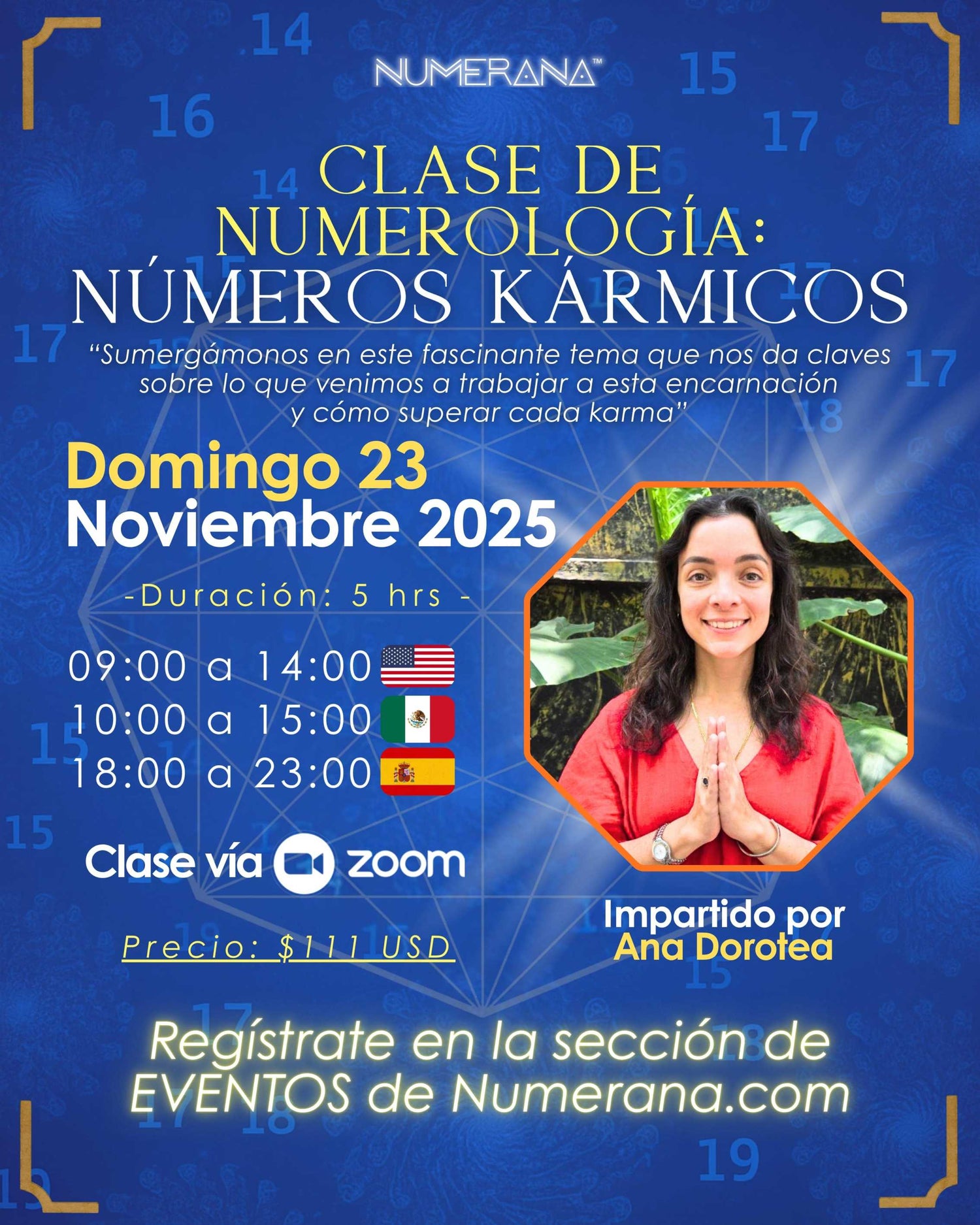 Promotional flyer for a Numerology class on karmic numbers with a blue background and event details.
