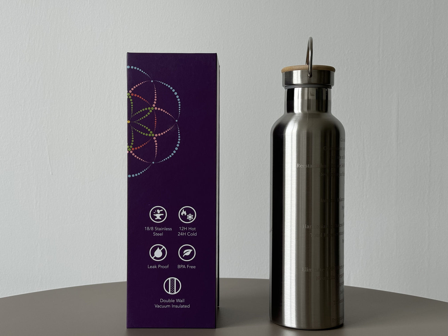 750ml double-walled stainless steel bottle with Grabovoi codes to transform water and align the body with high frequencies.