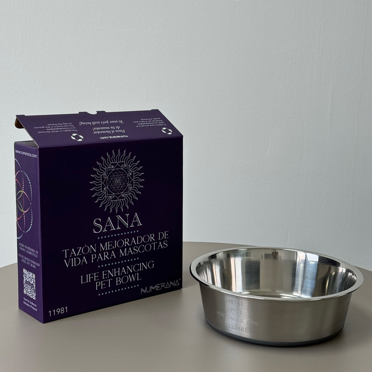 Stainless steel pet bowl engraved with Grabovoi Numbers and sacred geometry for enhancing pet health, mood, and energy vibration.