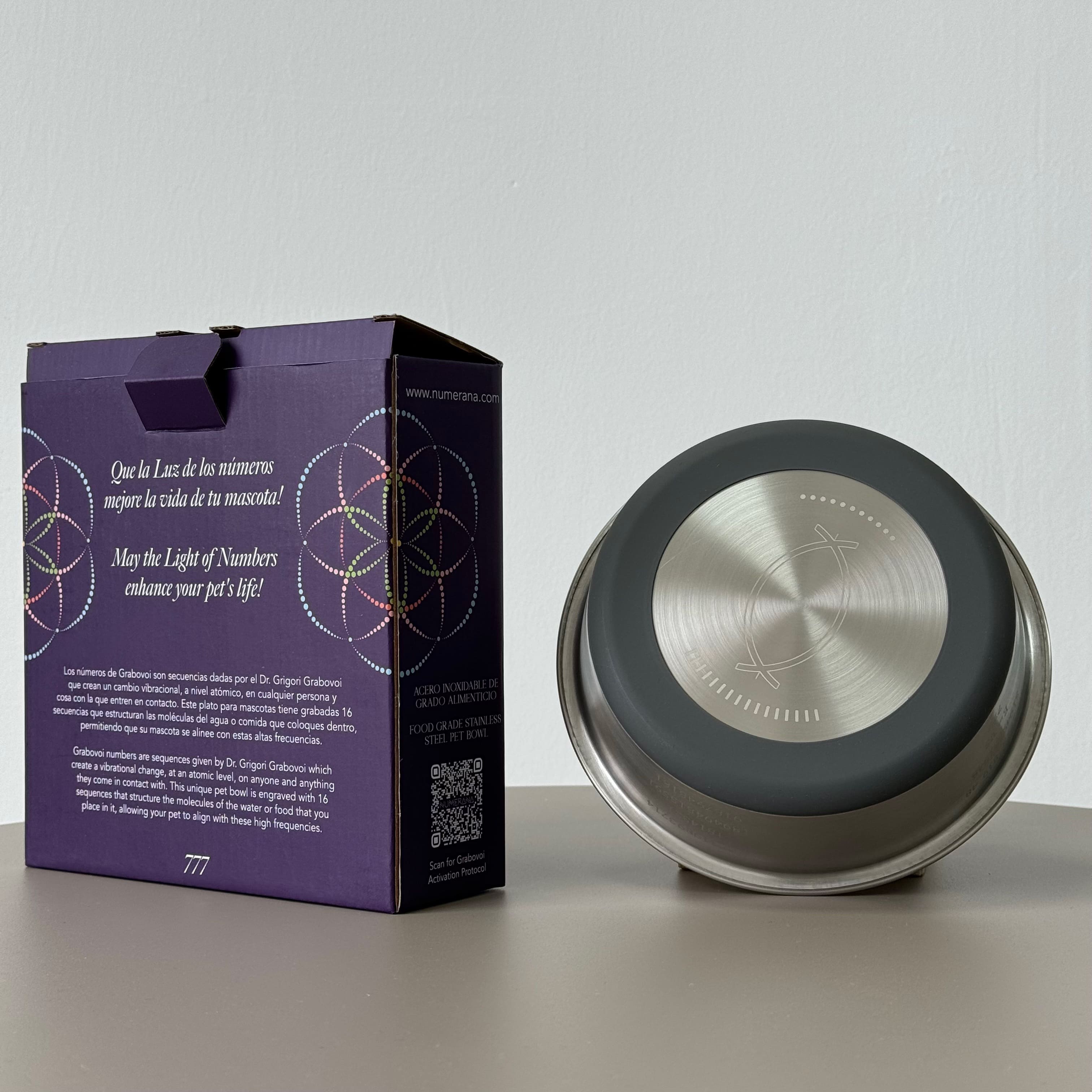 Stainless steel pet bowl engraved with Grabovoi Numbers and sacred geometry for enhancing pet health, mood, and energy vibration.