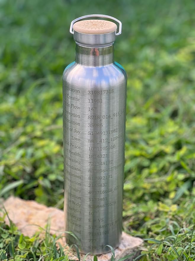 1L silver stainless steel Grabovoi bottle with engraved energy codes to transform water and support vibrational healing.