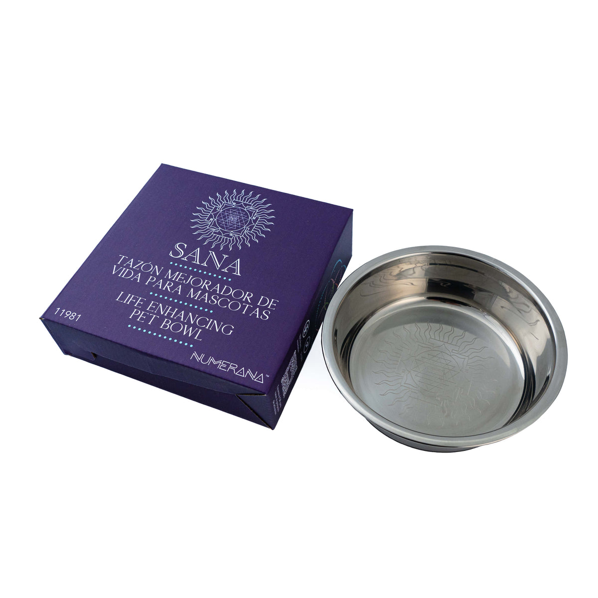 Stainless steel pet bowl engraved with Grabovoi Numbers and sacred geometry for enhancing pet health, mood, and energy vibration.