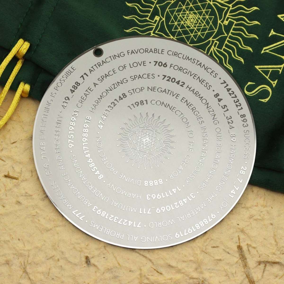 Sacred geometry and Grabovoi number energy plate designed to harmonize relationships, attract miracles, and uplift spaces.