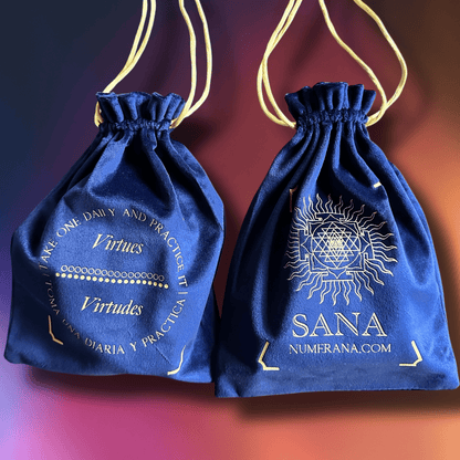 Two blue drawstring bags with text and branding on a gradient background