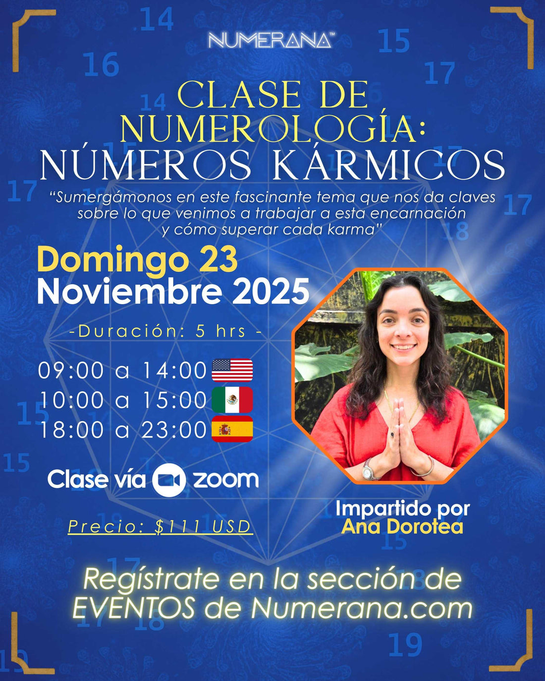 Promotional flyer for a Numerology class on karmic numbers with a blue background and event details.
