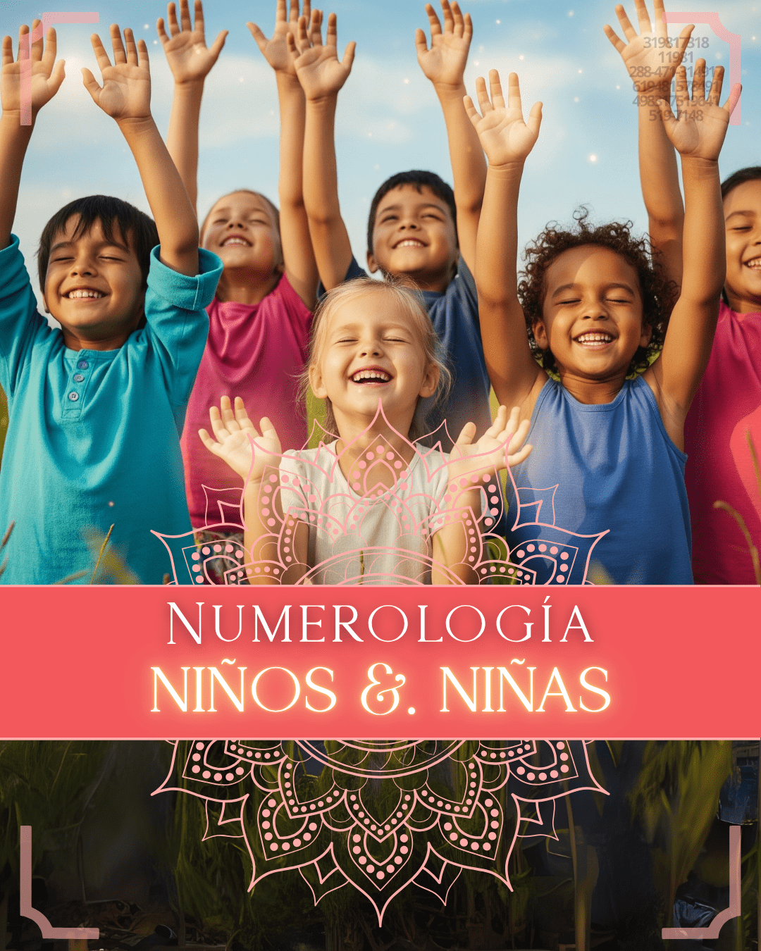 Children with raised hands against a clear sky, with text &