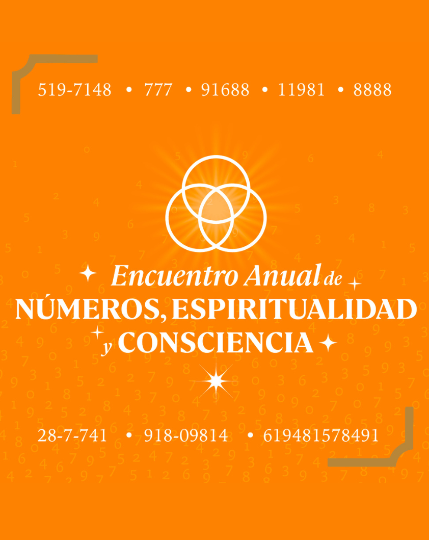 Orange background with white text and logo for an annual event on numbers, spirituality, and consciousness.