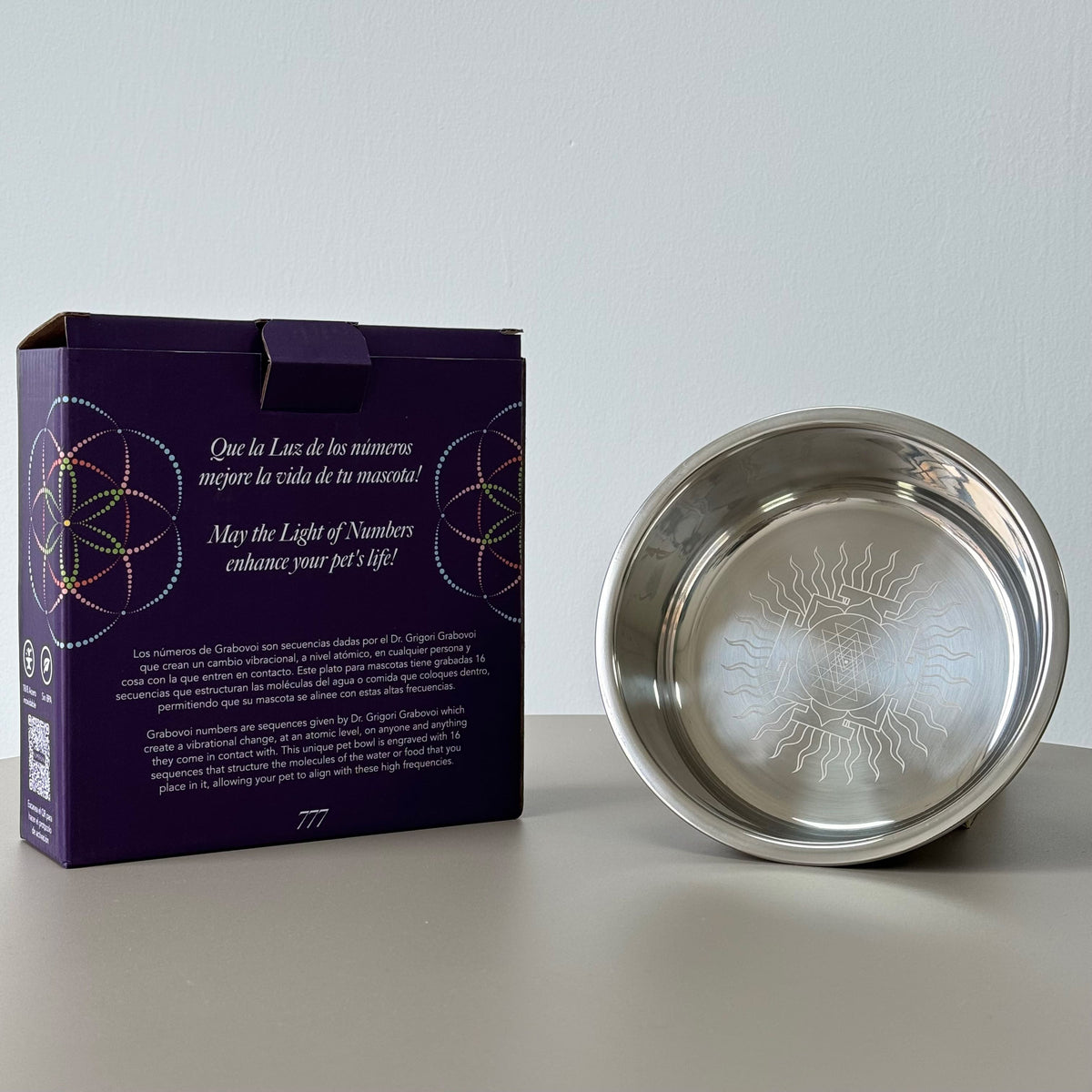 Stainless steel pet bowl engraved with Grabovoi Numbers and sacred geometry for enhancing pet health, mood, and energy vibration.