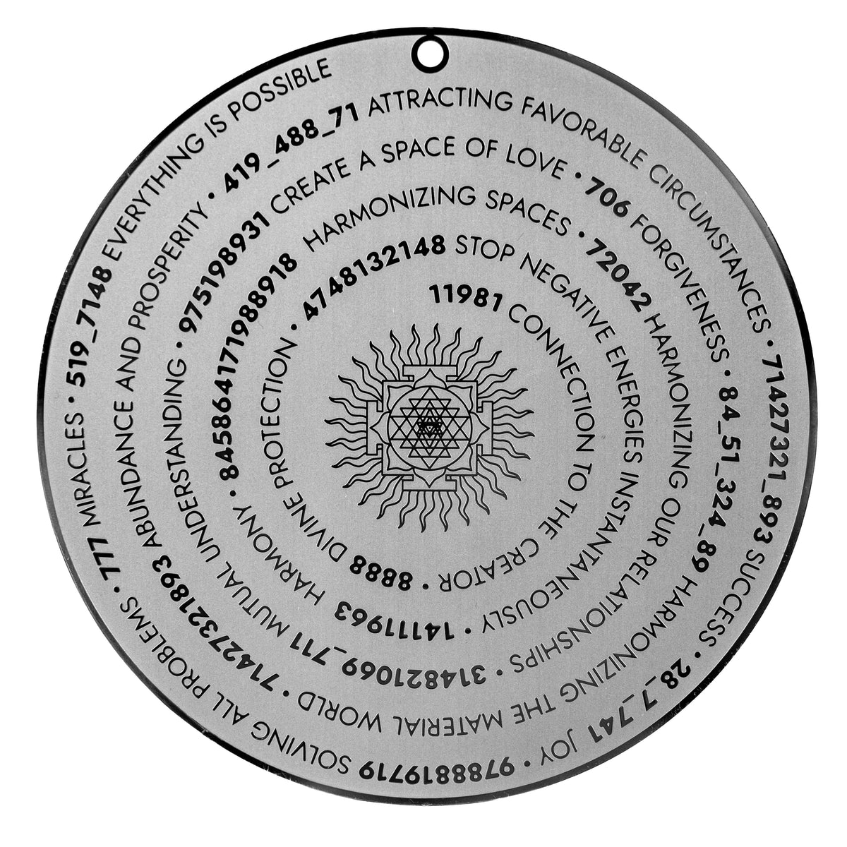Sacred geometry and Grabovoi number energy plate designed to harmonize relationships, attract miracles, and uplift spaces.